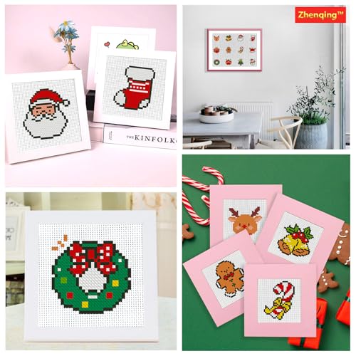 Zhenqing 12 Mini Christmas Stamped Cross Stitch Kit for Beginners, 11CT Printed Fabric with Santa Reindeer Snowman Tree Gift Bell Designs, DIY Holiday Craft Set with Pre-Cut Floss, Needles and Guide