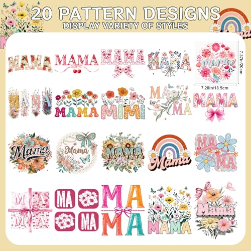 Dtf Transfers Ready to Press - 20Pcs Mother's Day Iron on Transfers for Tshirts, Floral Mama Iron on Decals Patches, Flower Mama Heat Transfer Stickers for Clothes Pillows Bag DIY Crafts - color: Mama 554