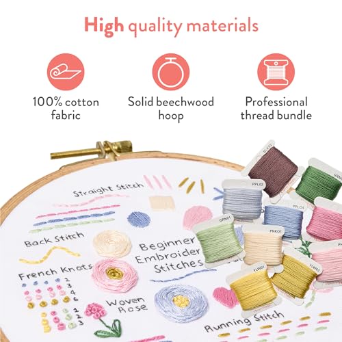 Clever Poppy Stitch Sampler Beginner Embroidery Kit – Easy Embroidery Kit for Beginners with Hoop, Thread & Patterns – Hand Embroidery Kit for Adults and Teens – Complete Embroidery Starter Kit