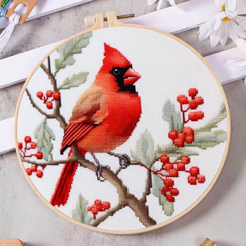 DIY Cross Stitch Kits Red Cardinal on Tree with Hoop 20x20cm-4
