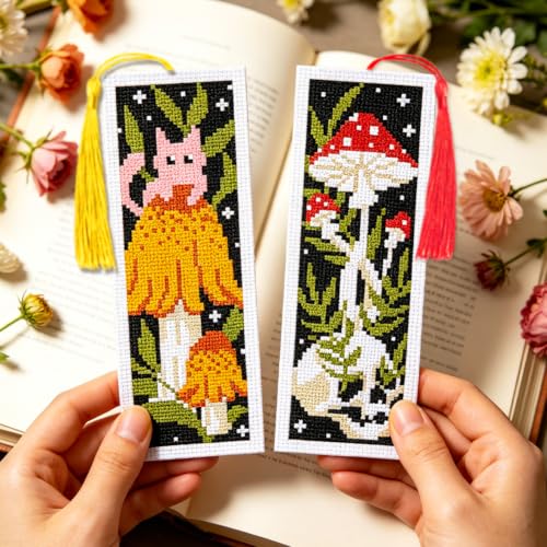 ACRNIGHEET 6PCS Cross Stitch Bookmark Kit for Beginner Stamped Cross Stitch Kits for Adults Mushroom DIY Tassel Embroidery Bookmark Kits Needlepoint Kit with Instructions Craft Gift 8.5''x3'' 11CT - style: Mushroon Animals with Tassel