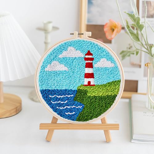 LACHLAND Punch Needle Kit Beginners, Landscape Stitching Kit for Adults&Teens DIY Embroidery Starter Craft with Yarn Needle Tool Easy Hobby Home Decor Gifts for Craft Lover (Blue Sky) - color: Lighthouse