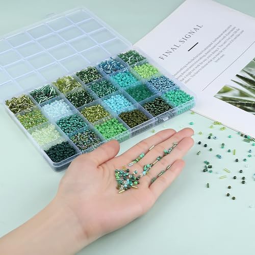 7500Pcs Green Glass Seed & Tube Bugle Beads Kit for Embroidery and Craft - color: D-Green
