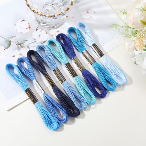 8 Skeins 6 Strands Blue Embroidery Floss Thread Polyester Variegated Gradient Cross Stitch Threads Friendship Bracelets String Bulk for Jewelry Making Hand Sewing Knitting Stitching Crafts - color: Blue