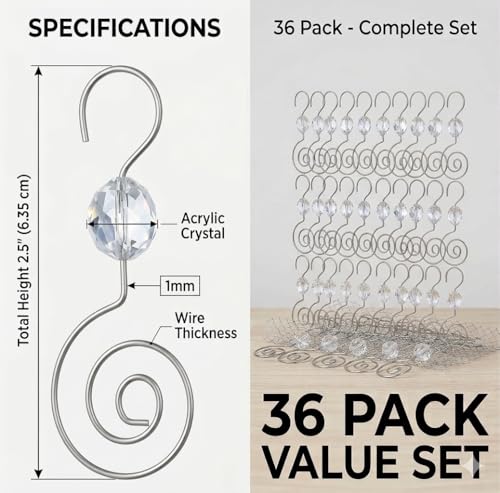 HOHIYA 36 Pack Silver Ornament Hooks Crystal Accent Tree Hangers