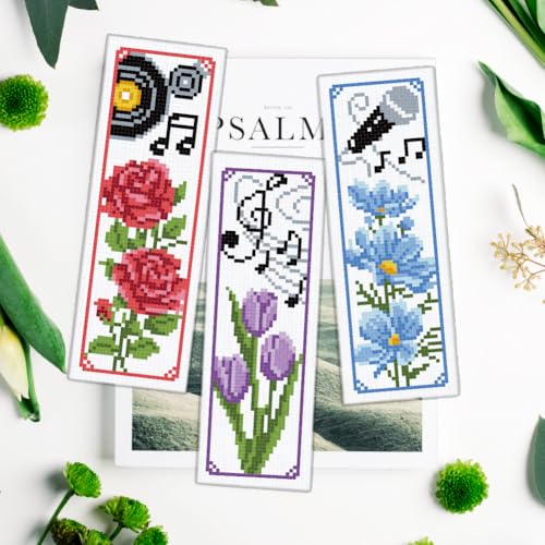 INFUNLY 6pcs Flower Music Cross Stitch Bookmark Kit for Beginners DIY Lily Tulip Roses Daisy Stamped Embroidery Bookmark Kits Piano Note Record Needlepoint Kit with Instruction for Book Lovers Readers - style: Flower Music