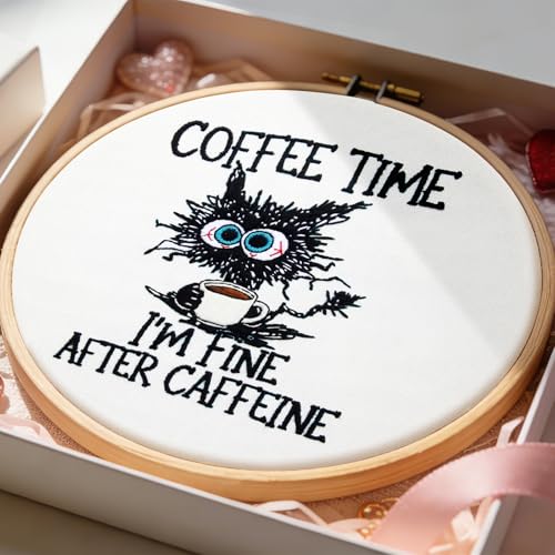 Cute Cat Embroidery Kits for Beginners Adults, Coffee Hand Embroidery Starter Kit, Stamped Cross Stitch Kits for Beginners Adult Craft Kit for Women, Entire Set of Embroidery Supplies & Video Tutorial - color: H2077, size: 8Inch