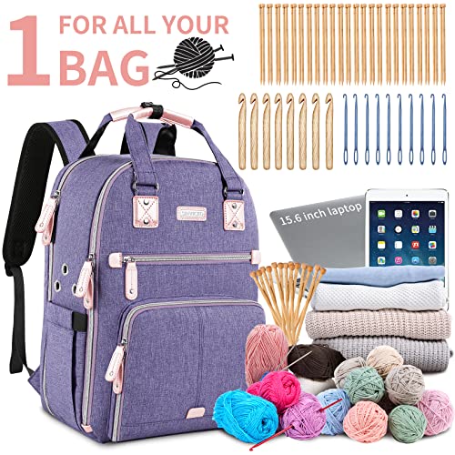 SINVICKO Crochet Bag, Knitting Bag Backpack and Totes Organizer with USB Charging Port, Large Yarn Storage Tote Bag - color: Purple