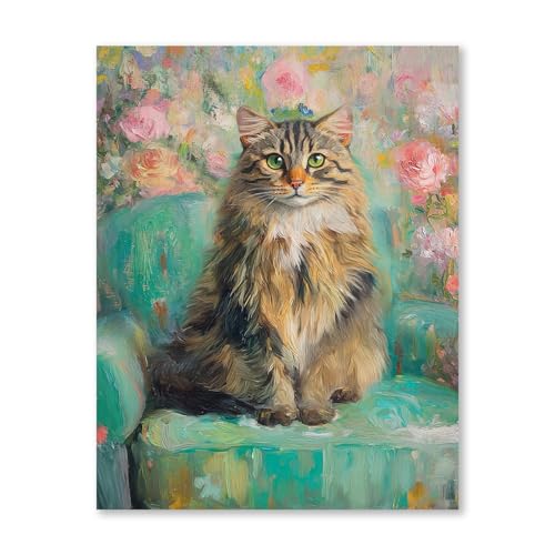 RLTXBUK Cat Cross Stitch Kits, Whimsical Floral Siberian Cat Stamped Counted Cross Stitch Kits for Adults, Pet Lover Gifts for Women, 11.8x15.8 Inch - color: cat-11