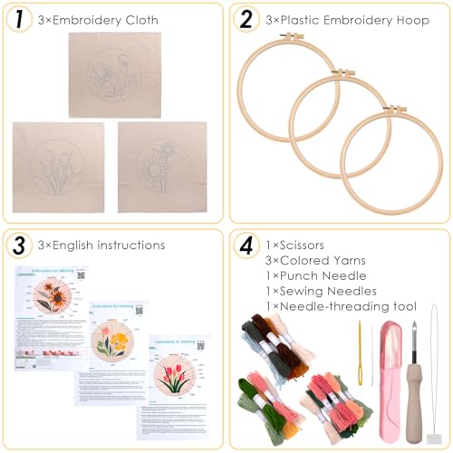 Punch Needle Kit for Adults Beginners - 3 Sets DIY Embroidery Starter Kit - color: 03-flowers