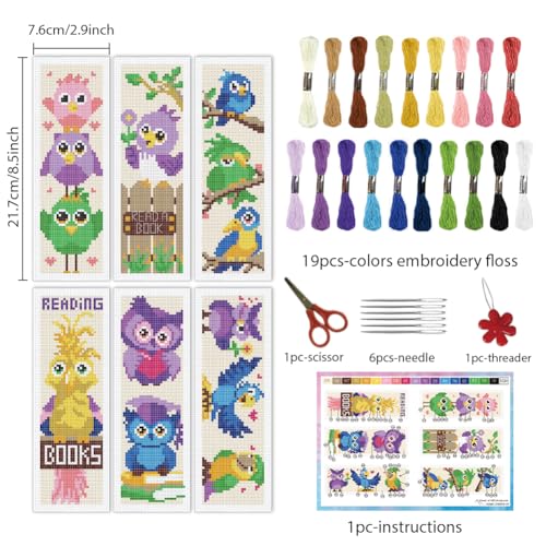 INFUNLY 6 Set Colorful Bird Cross Stitch Bookmark Kit Owl Parrot DIY Embroidery Bookmarks for Readers 22x8cm/8.67x3.14 Handmade Cross Stitch Bookmarks with Thread Kit Gifts for Book Lovers Adults - style: Colorful Bird