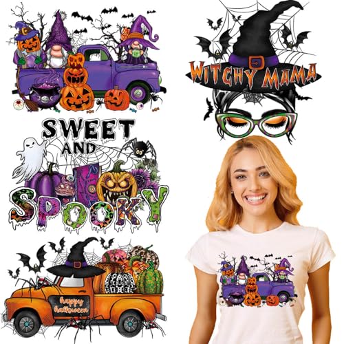 Halloween Iron on Transfer Patches Witch Heat Transfer Vinyl Decals Ghost Pumpkin Spider Web Bat Happy Halloween Design Iron on Vinyl Appliques Large Clothing Patches Iron on Stickers for T-Shirt Bag - color: E
