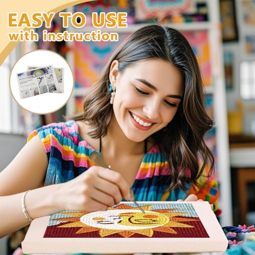 Doodlream Sun and Moon Needle Kit for Beginner, 9.4"x 9.4" Cartoon Face Punch Stitching Craft Set, Color DIY Embroidery Starter with Printed Frame, Instruction, Threader, Yarn, Pinch Needle - color: Sun and Moon