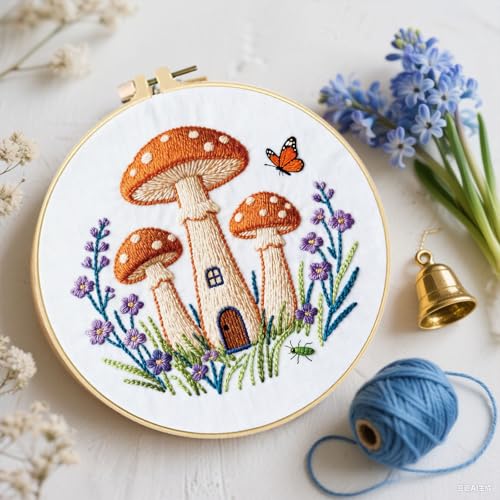 FREEBLOSS 5 Set Embroidery Kit Mushroom Pattern Stamped Embroidery Starter Kit with Step by Step Instructions, Colored Threads, 2 Hoops, Needlepoint Kits for Hand Craft Lovers Gift, 30cm/11.8inch
