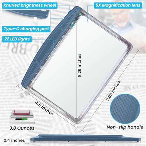Rechargeable 5X Magnifying Glass for Reading, Large Bright Full Page Magnifier with Light, Handheld LED Dimmable Lighted, Lightweight Book Magnifier for Reading Small Prints Seniors - Blue - color: Blue