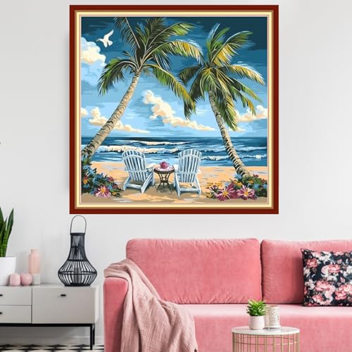 Redxing Stamped Cross Stitch Kits Embroidery kit for Beginners Adults Full Range of Embroidery Patterns Starter Kits DIY Printed Cross Stitch Kits Needlepoint Kits 11CT-Drink Tea Seaside 18x18 inchs - color: Artskits18