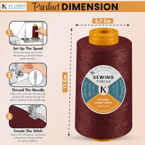 AK Trading 4-Pack Burgundy All Purpose Sewing Thread Cones (6000 Yards Each) of High Tensile Polyester Thread Spools for Sewing, Quilting, Serger Machines, Overlock, Merrow & Hand Embroidery. - color: BURGUNDY