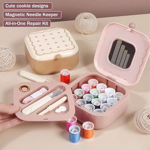 LOTOFUN Small Sewing Kit Box: Cute Portable 2-Layer Organizer Magnetic Needle and Thread Kits Holder Basic Case - Home Clothes Repair for Beginners (Pink) - color: Pink