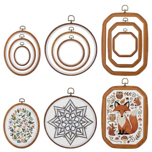 9 Pack Embroidery Hoop Frame Large 4 Shape Decorative Imitated Wood Display Frame Circle Cross Stitch frames Hoop Ring for DIY Art Craft Sewing Ornaments, Circle Oval Octagonal Shape and Hanging Decor
