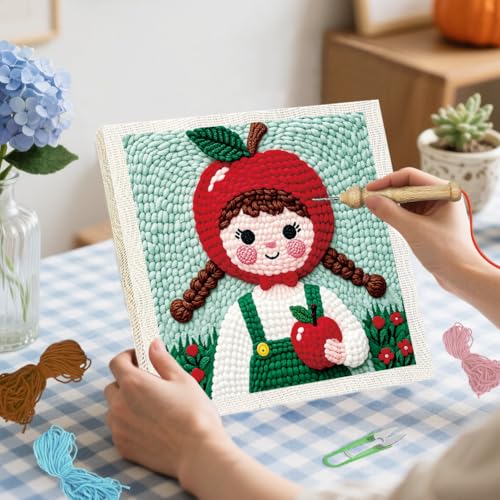 BEUNITONE 2PCS Fruit Girl Pattern Punch Needle Kit for Adults Beginners, Complete Craft Kit Needlepoint Kits for Adults with Hoop, Punch Needle Starter Craft Set for Cloth Festival Gift and Home Decor - color: 06-Fruit Girl