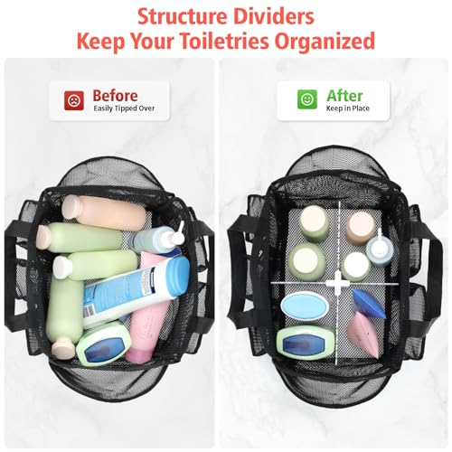 Mesh Shower Caddy Portable with Dividers - 2-Handle Shower Bag for Dorm - color: Black with Dividers, size: L (Classic Dorm Caddy)