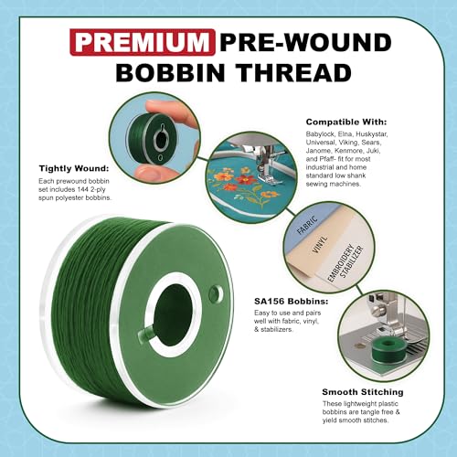 Mandala Crafts Forest Green 15J SA156 Prefilled Bobbin Thread, 144 PCs - color: Forest Green, size: Size A 144 X 142 Yards