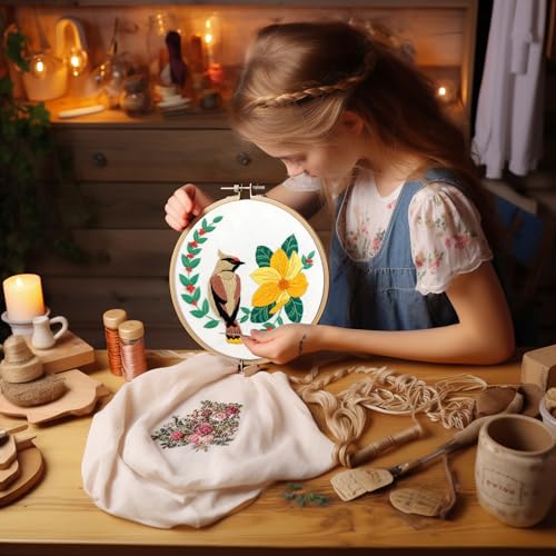 Bonroy 4 Sets Embroidery Set for Beginners, Art Craft, Easy Sewing, Includes Embroidery Clothing, Pattern, Embroidery Hoop, Instruction Manual, Colorful Thread Needles Set (6 Pieces) - color: Bird