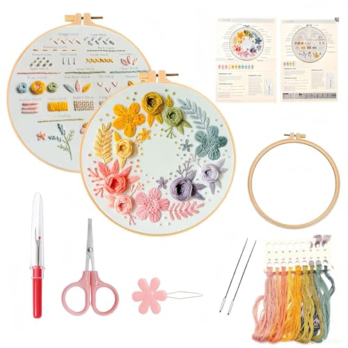 AZY 3-Piece Embroidery Kit for Beginners – Needlepoint Set with Pre-Printed Floral Patterns, Adjustable Hoop, Thread, Needles & Instructions for Cross Stitch Lovers (Floral Embroidery) - style: Floral Embroidery