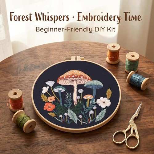 Harimau Adult Beginner Embroidery Starter Kit, Complete Set with 4 Patterns, 2 Hoops, Needles, Scissors, Instruction Guide & Stitching Video Tutorials - color: Mushroom pattern