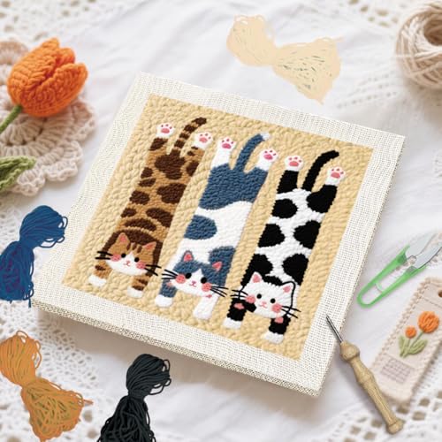 BEUNITONE Lie Flat Cat Punch Needle Kit for Adults Beginners, Complete DIY Craft Needlepoint Kits with Hoop, Punch Needle Starter Craft Embroidery Set for Festival Gift and Cloth Home Decor 9.4X9.4" - color: 04-Sleeping Cat