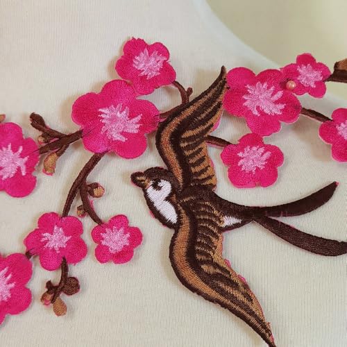1pair Quince Sakura Flower Embroidery Iron On Applique Patches (Hot Pink) - color: Hot Pink