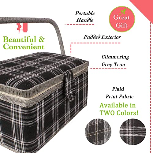 Sewing Basket with Floral Print Design - Sewing Kit Storage Box with Removable Tray, Built-in Pin Cushion and Interior Pocket - by Adolfo Design (Medium - 11" x 7" x 5.5", Black Plaid) - color: Black Plaid, size: Medium - 11" x 7" x 5.5"