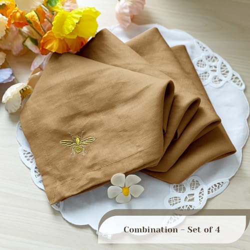 DerF HOME Embroidered Linen Napkins, Mustard Yellow, Set of 4, 18x18 - color: Mustard Yellow-napkins(set of 4)