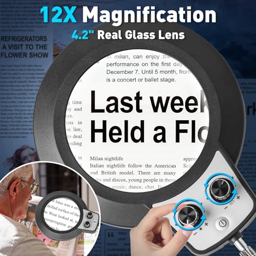 KIRKAS 12X Magnifying Glass with Light and Stand, Overhead Dual Knob - size: 12X 22 INCH Clamp