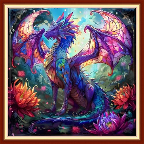 Funchey Stamped Cross Stitch Kits, DIY Cross Stitch Pattern for Adults Beginners Needlepoint Kits Embroidery Kit Arts and Crafts 11CT-Colorful Dragon 18x18 inchs - color: HandicraftColor16