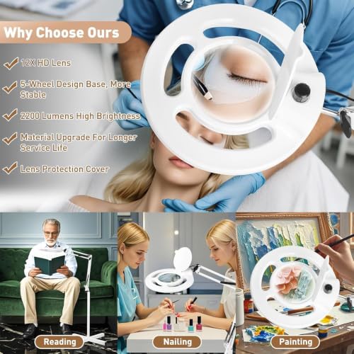 HITTI 2200 Lumens 12X Magnifier Esthetician Light, 4 Wheel Rolling Base - color: White