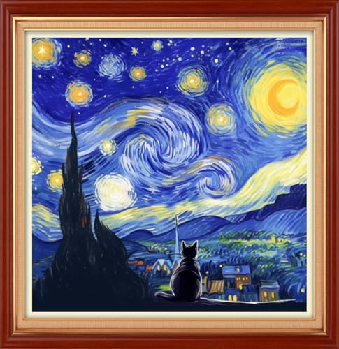 Foxhool Stamped Cross Stitch Kits,11CT Printed Cross Stitch Pattern Full Embroidery Kits for Beginner Needlepoint Kits&Cat admires Van Gogh's Starry Sky 18x18 inch - color: ColorSet02