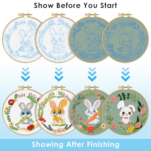 ERKOON 4 Sets Embroidery Kit, Animal Cross Stitch Set for Include Embroidery Cloth Hoops Threads for Craft Lover Hand Stitch (Rabbit) - color: Rabbit