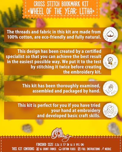 Povitrulya Cross Stitch Bookmark Kit Wheel of the Year: Litha – Counted DIY Embroidery Set for Adults & Beginners, Summer Solstice Pagan Wiccan Sun Fire Festival Gift - color: Litha