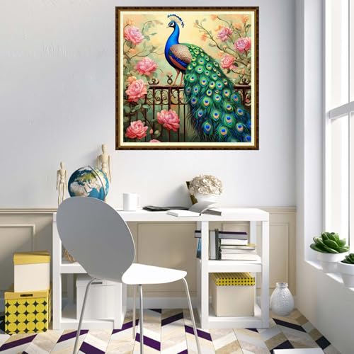 Redxing Counted Cross Stitch Kit for Beginners,Unprinted Needlepoint Kits for Beginners Cross Stitching Embroidery Kit 11CT Stitches kit-Garden Peacock 18x18 inch - color: KitColors43