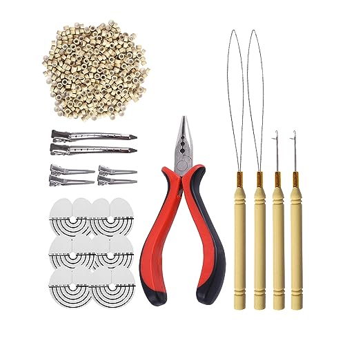 500 Pcs Silicone Rings Hair Extensions Tools Kit: Three-hole Hair Pliers, Pulling Hook Needle, Loop Threader and Silicone Micro Links Rings Beads (Gray blonde) - color: Gray blonde, size: 500 Count