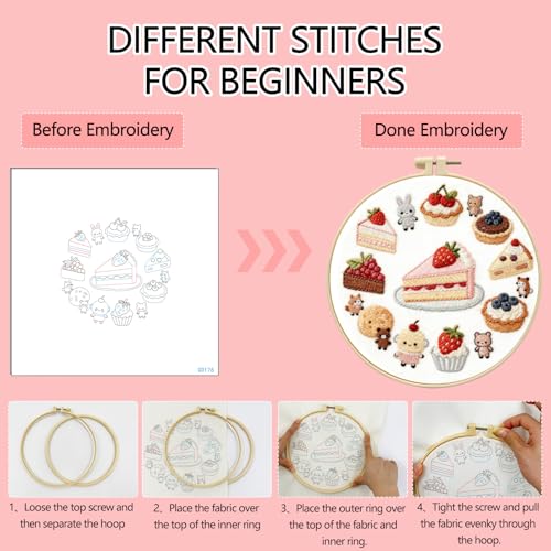Zhenqing Strawberry Cake Embroidery Kit for Beginners, Pre-Printed 29x29cm Fabric with 20cm Hoop & Threads, Cute Dessert and Animal Design for Home Decor(C0176)
