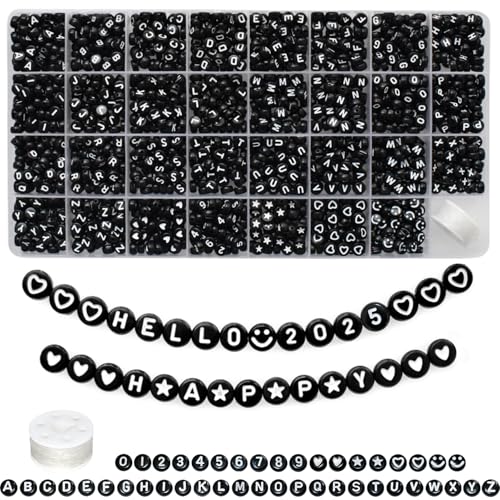 Amaney 1600pcs Black Letter Beads 4x7mm Round Acrylic Alphabet A-Z Number Star Smiley Beads and Heart Pattern for Jewelry Making - color: Black&heart, size: 7x4mm