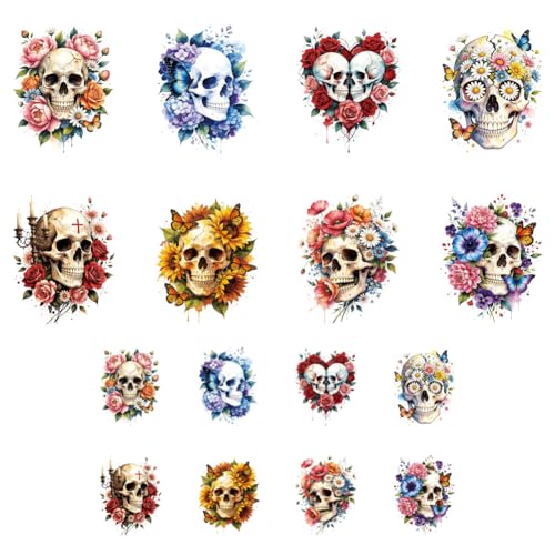 ANATTASOUL Skulls & Sunflowers 16PCS Heat Transfers Ready to Press - style: Skulls and Sunflowers