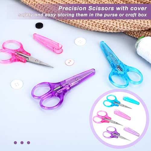 3Pcs Small Craft Scissors 3.4"Tiny Travel Scissor Mini Craft Scissors Set All Purpose Stainless Steel with Protective Cover Fine Tips Design for Paper Cutting Scrapbooking Crochet(Pink Purple Blue)