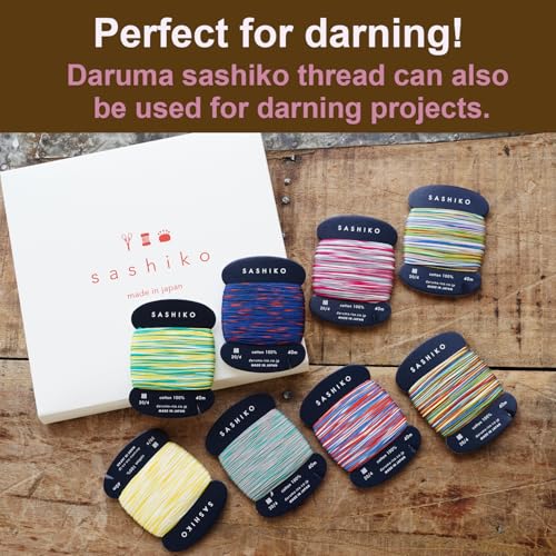 DARUMA Sashiko Thread 100% Cotton Card Type (43.7 yd) x 8 Colors with English Manual, Sewing & Embroidery Value Set with Gift Package (Thin, Kasuri) - color: Kasuri, size: Thin