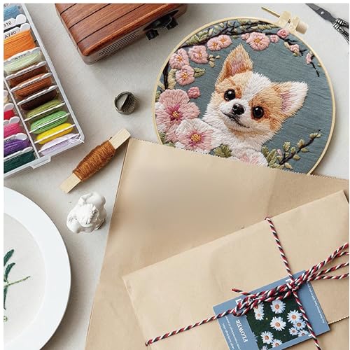 HCANPER Cute Dog Embroidery Starter Kit,DIY Needle Punch Kit, Punch Needle Kits for Beginners,Include Pre-Printed Fabric,Tools,Embroidery Hoop,Threads,Easy for Adults and Children. (Pink) - color: Pink