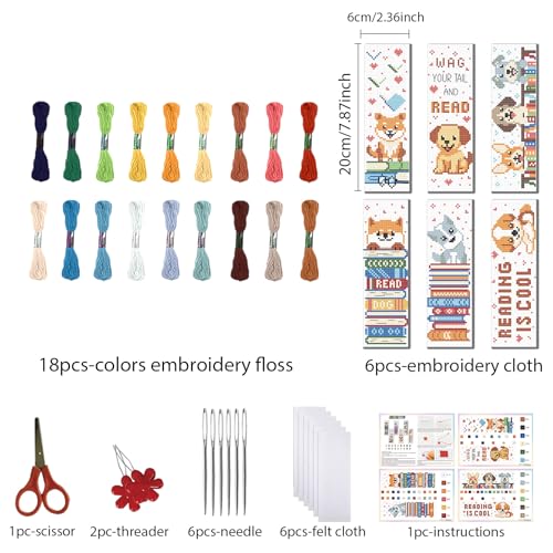 FREEBLOSS 6 Set 11CT Cross Stitch Bookmarks Kit Puppy&Books Stamped Cross Stitch Kit DIY Embroidery Bookmark Set with Instruction for Adults Beginners Gift for Reading Enthusiasts 20x6cm/8x2.4inch - style: Dogs&Books