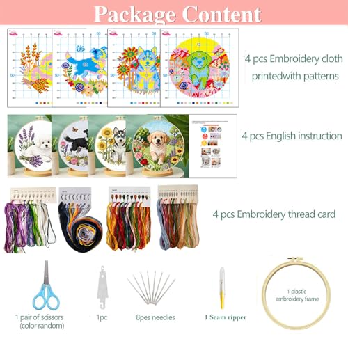 FEIYUENO 4 Pack Pet Pattern Stamped Embroidery Kit for Adults Beginner, Dog - color: Dog