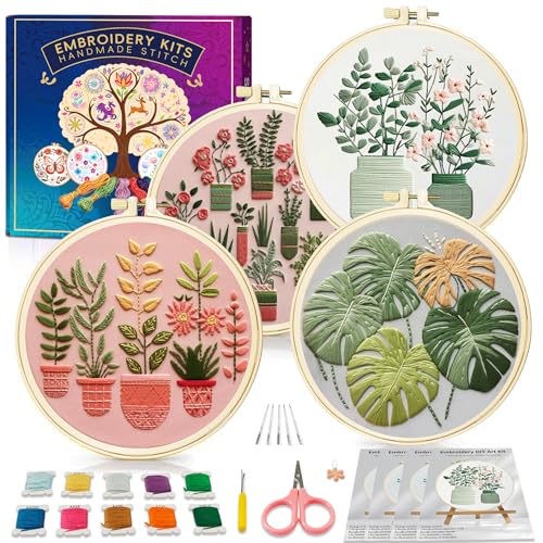 Huacan Embroidery Kit for Adults Beginners with 4 Hoops & Gift Box - color: Potted Plants 1